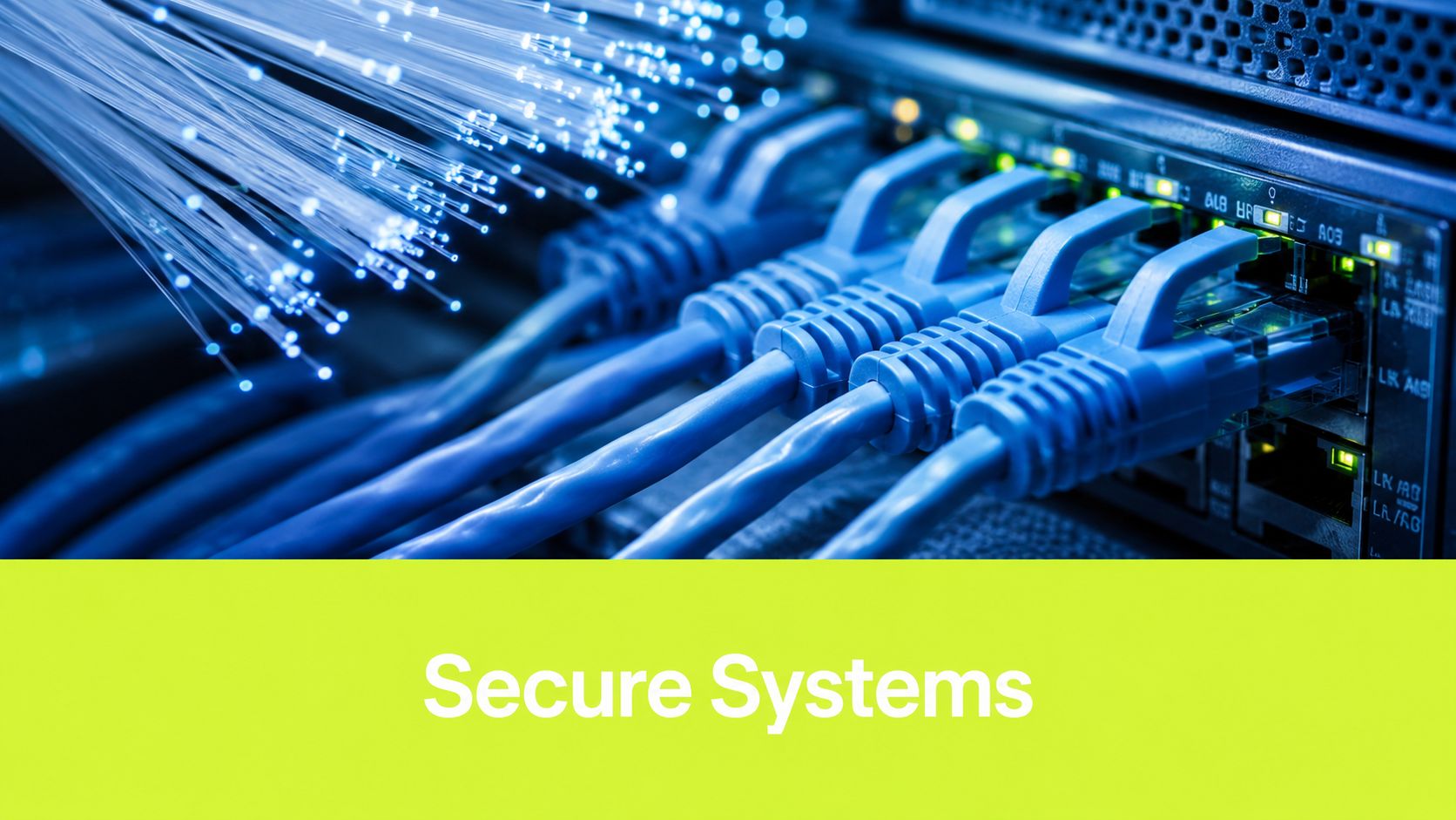 Fiber optic cables and blue ethernet cables plugged into network server equipment for high speed data connectivity.