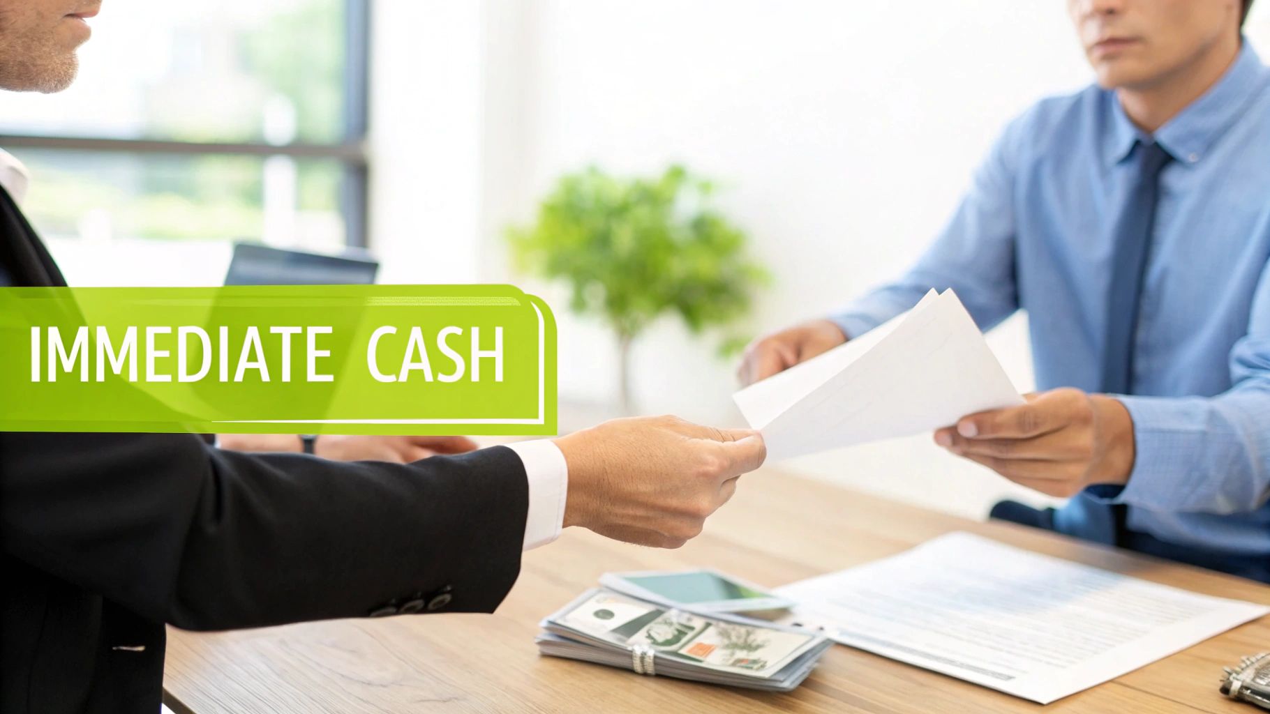 Two men exchanging financial documents with a stack of cash and "Immediate Cash" text.