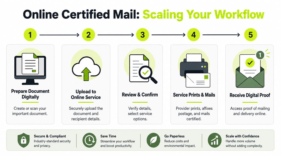 A five-step infographic showing how to process and send certified mail online for improved workflow efficiency.