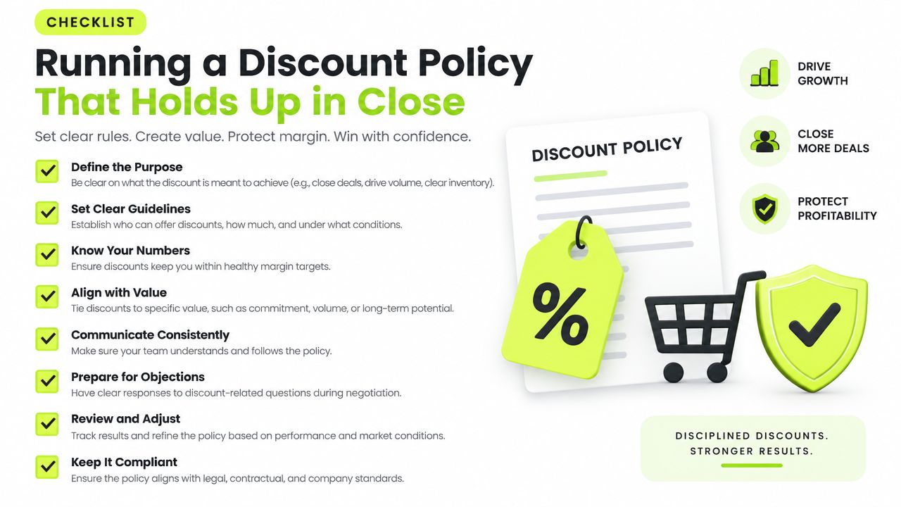 A checklist infographic titled Running a Discount Policy that lists eight best practices for managing business discounts.