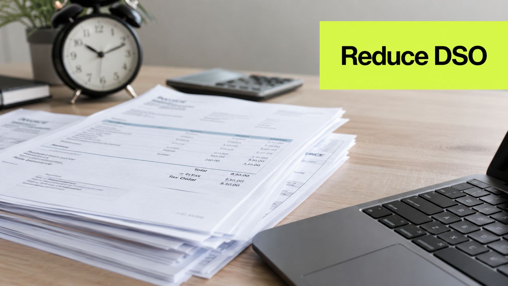 A stack of invoices on an office desk next to a laptop, calculator, and vintage alarm clock.
