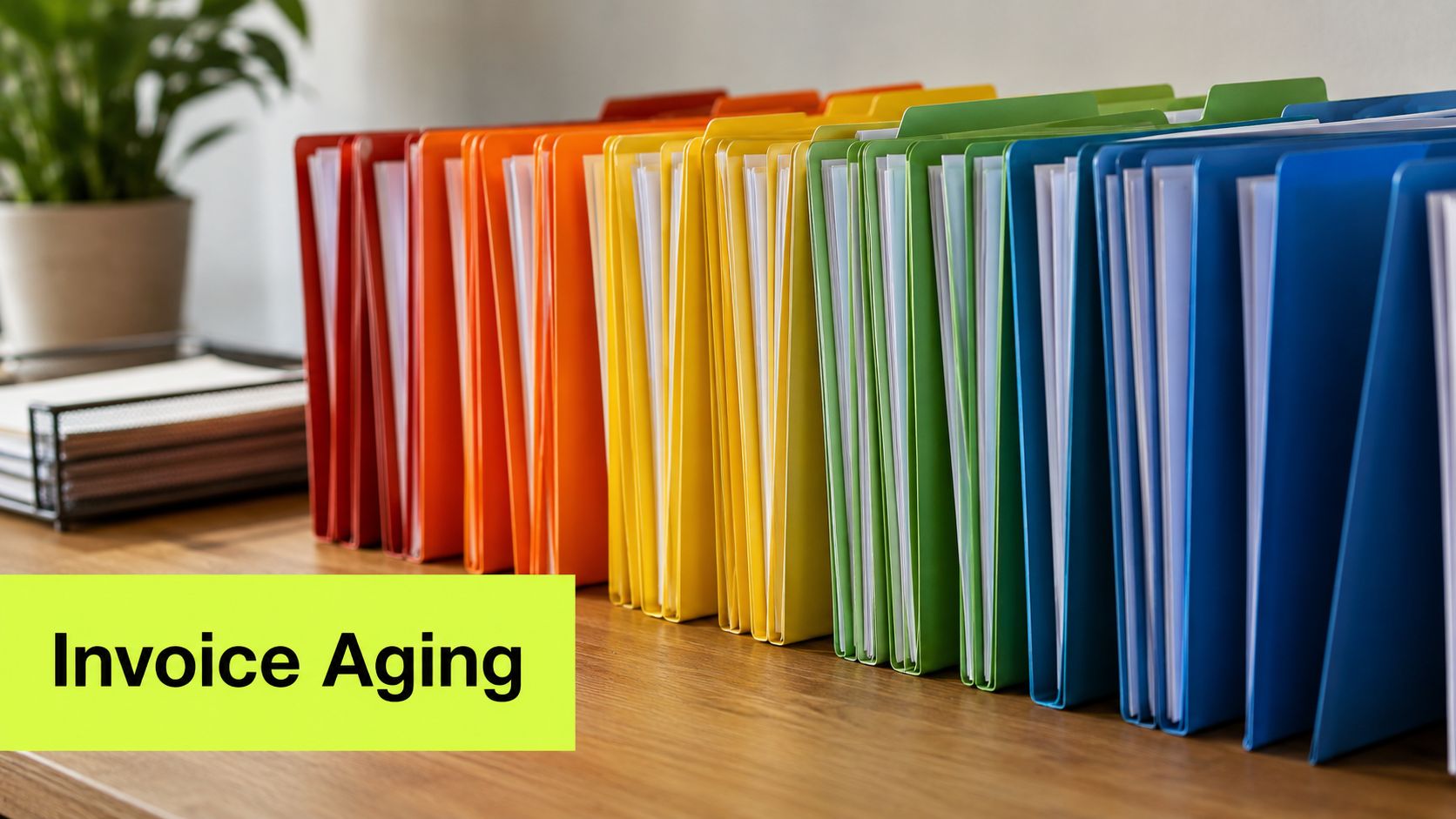 A row of colorful folders arranged by color on a wooden desk with a green plant.