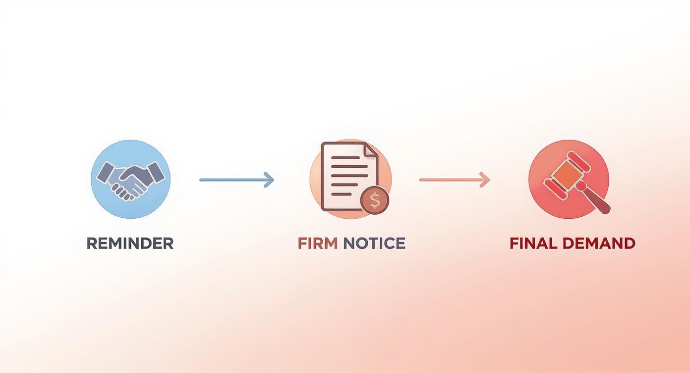 Infographic showing the three stages of debt collection letters: a gentle handshake icon for Reminder, a document icon for Firm Notice, and a gavel icon for Final Demand, arranged horizontally with a blue-to-red color gradient.