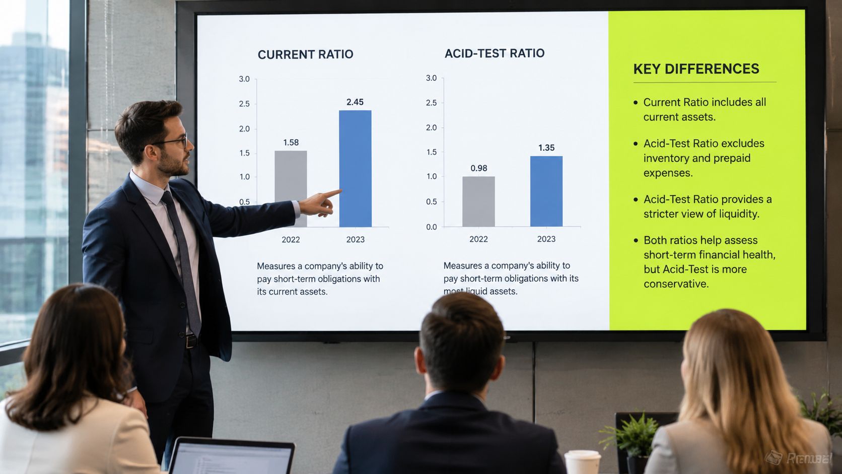 A professional presenter points at a chart comparing Current Ratio and Acid-Test Ratio during a business meeting.