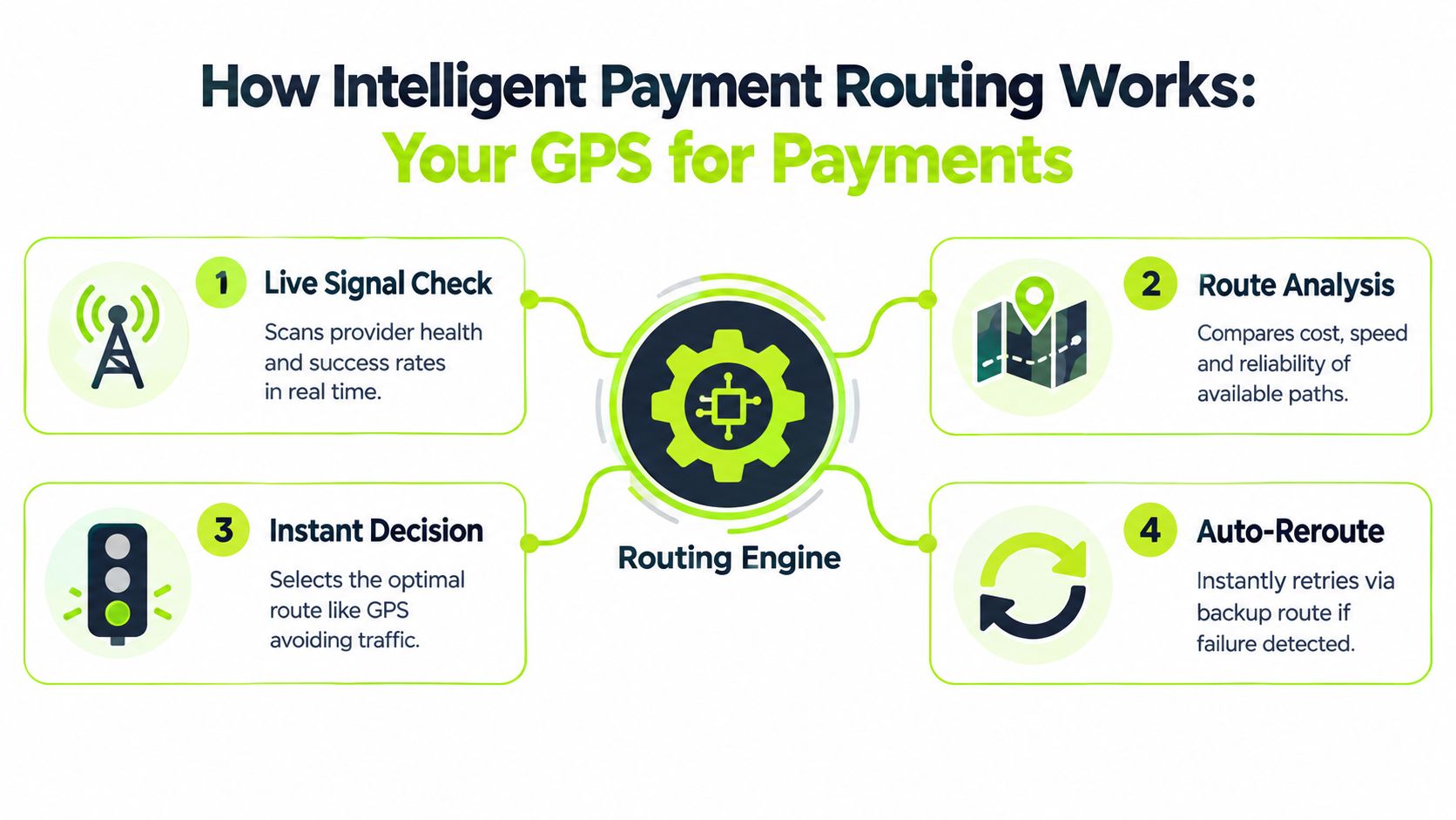 A diagram illustrating how intelligent payment routing works, featuring four steps processed through a central routing engine.