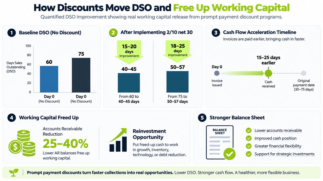 An infographic illustrating how prompt payment discounts reduce DSO, improve cash flow, and free up working capital.