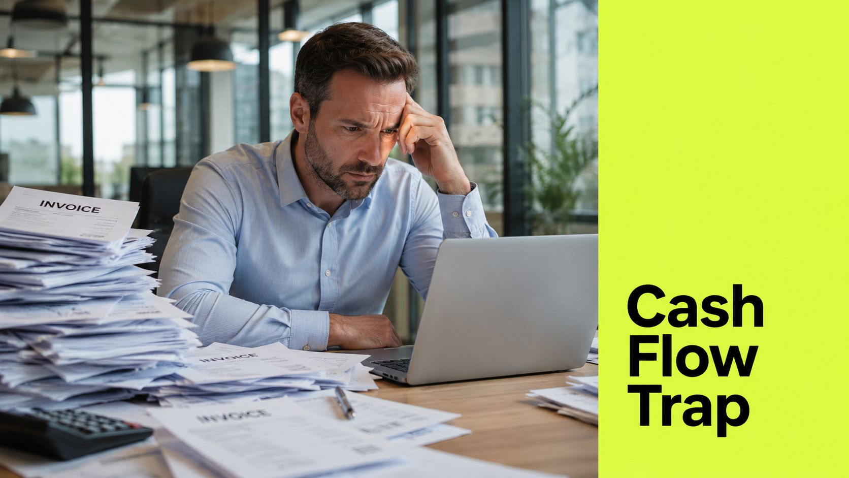 A stressed businessman looking at his laptop while surrounded by a large stack of invoices.