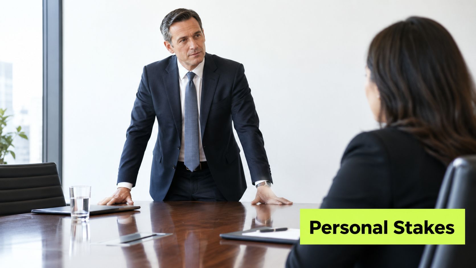 A professional man in a business suit stands at a conference table, looking at a colleague.
