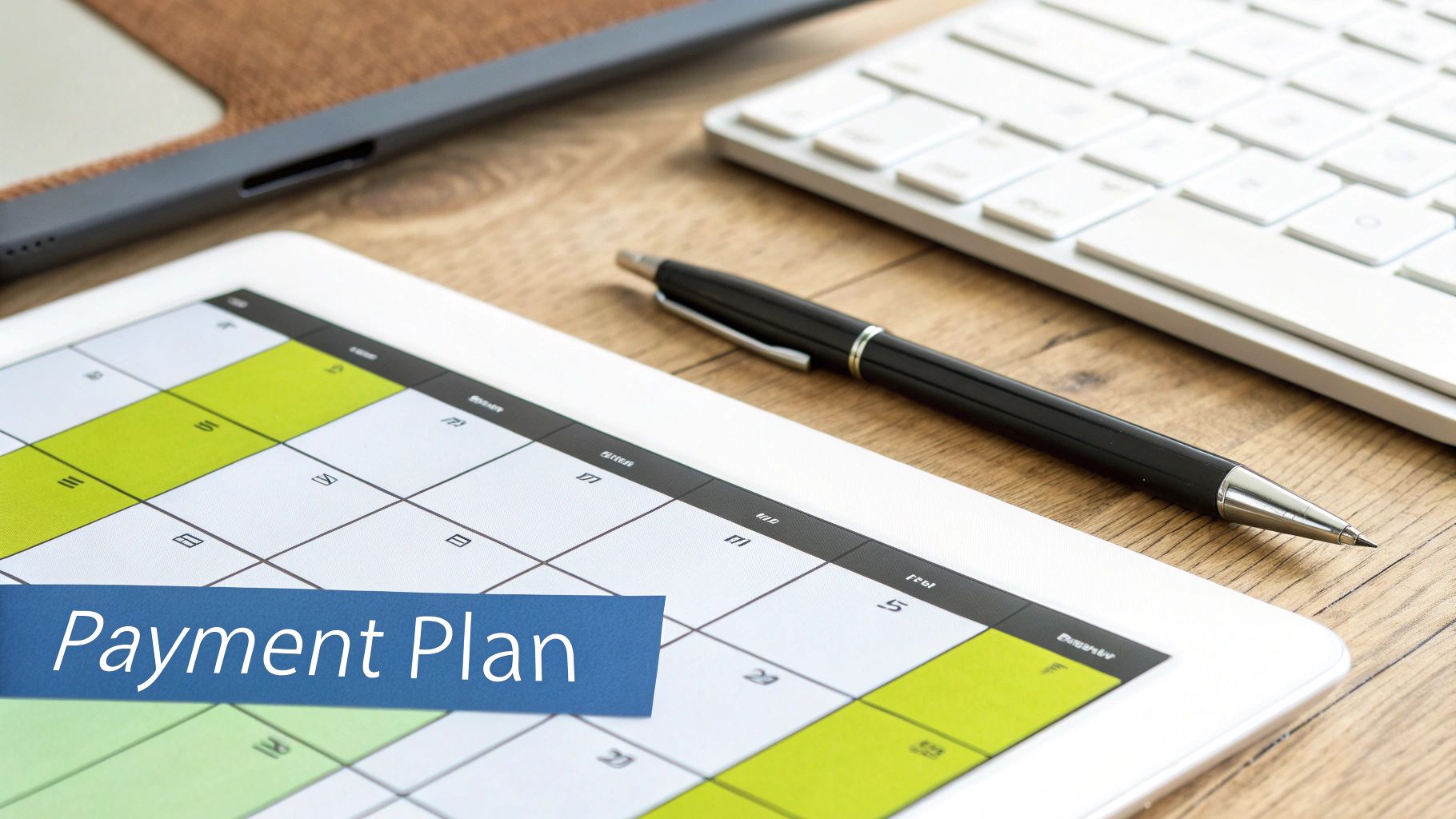 Close-up of a tablet displaying a calendar with a 'Payment Plan' banner, a pen, and a laptop.
