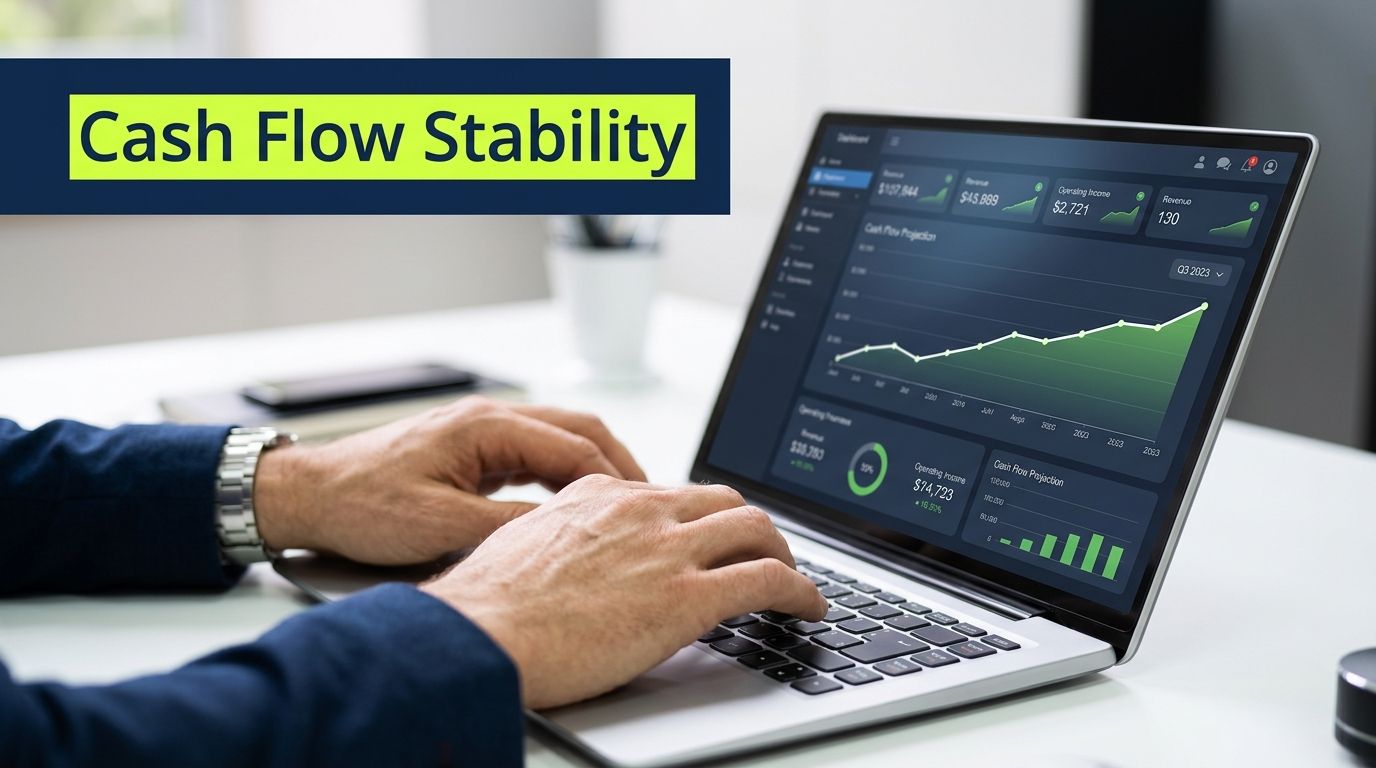 A professional analyzing a financial cash flow stability dashboard on a laptop computer at a desk.
