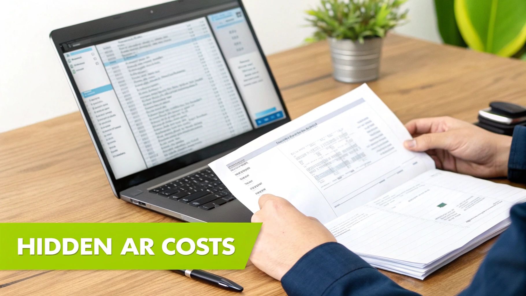 A cluttered desk with overdue invoices contrasted with a clean desk showing a positive cash flow dashboard on a tablet