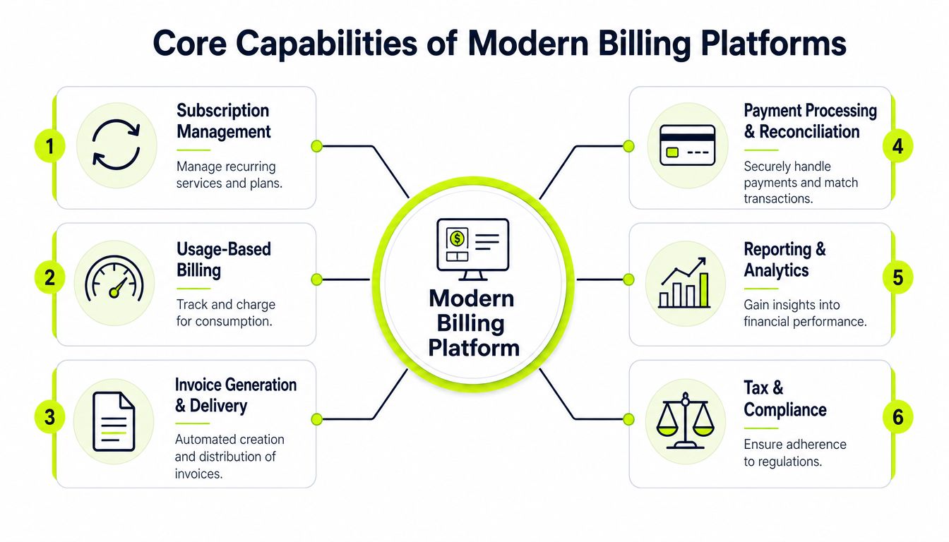 A diagram illustrating six core capabilities of modern billing platforms for businesses, including subscription and usage-based billing.