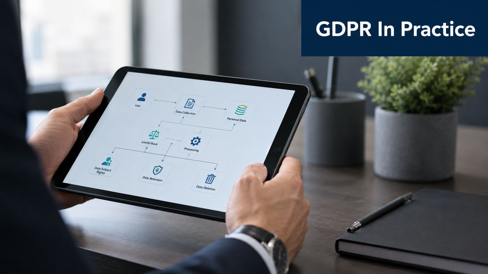 A businessman holds a tablet displaying a flowchart explaining GDPR data protection processes.