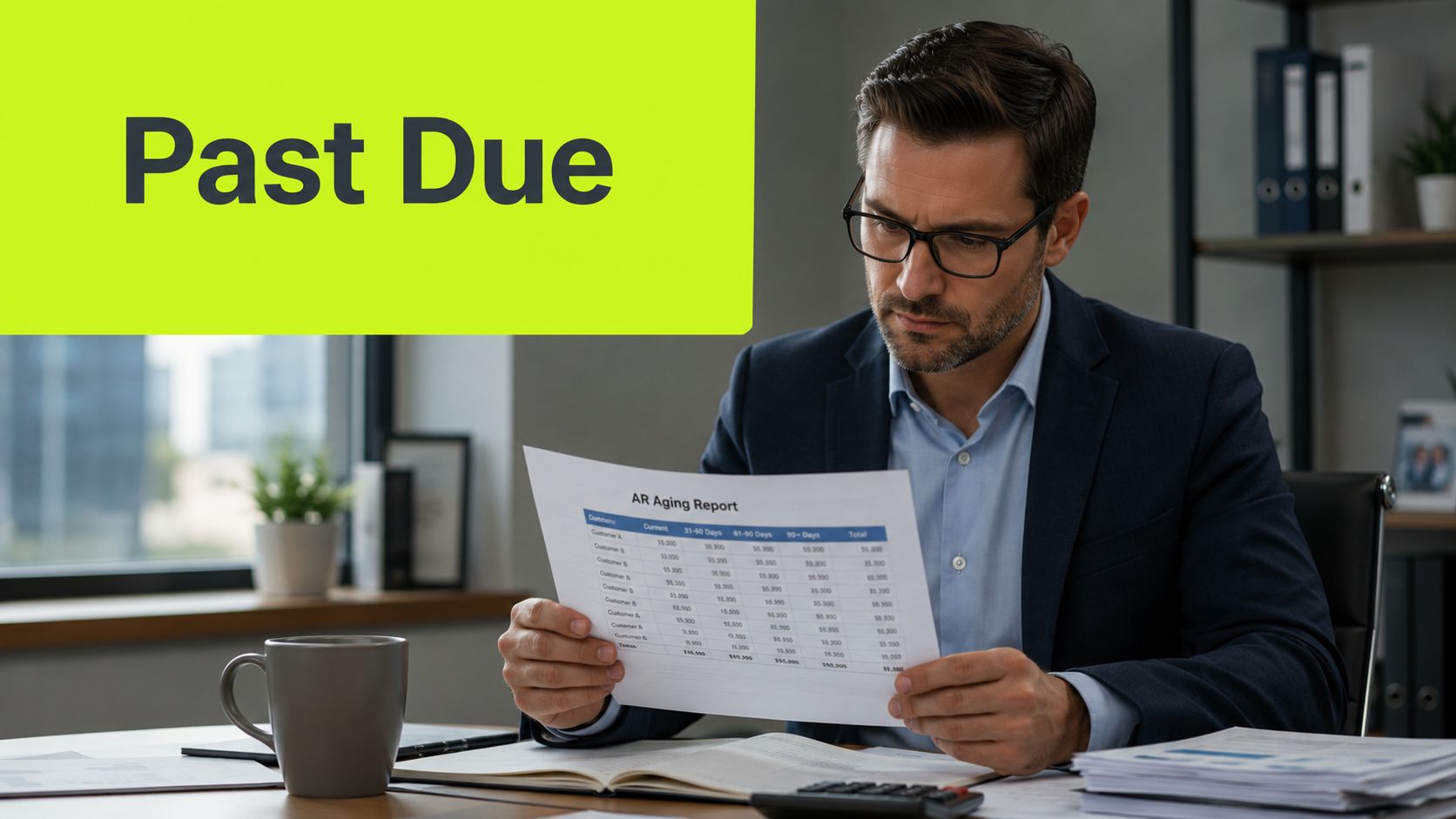 A professional man in a suit carefully reviewing an accounts receivable aging report at his office desk.