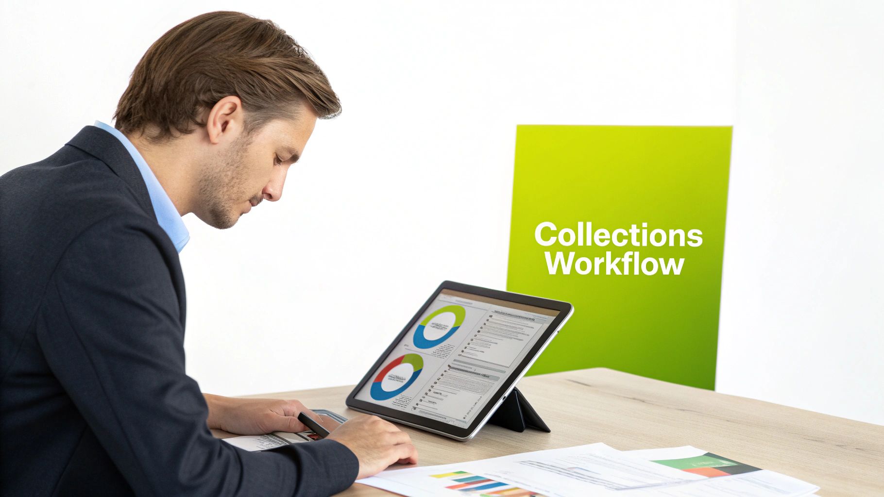 A man in a suit reviews financial data on a tablet, with a "Collections Workflow" sign visible.