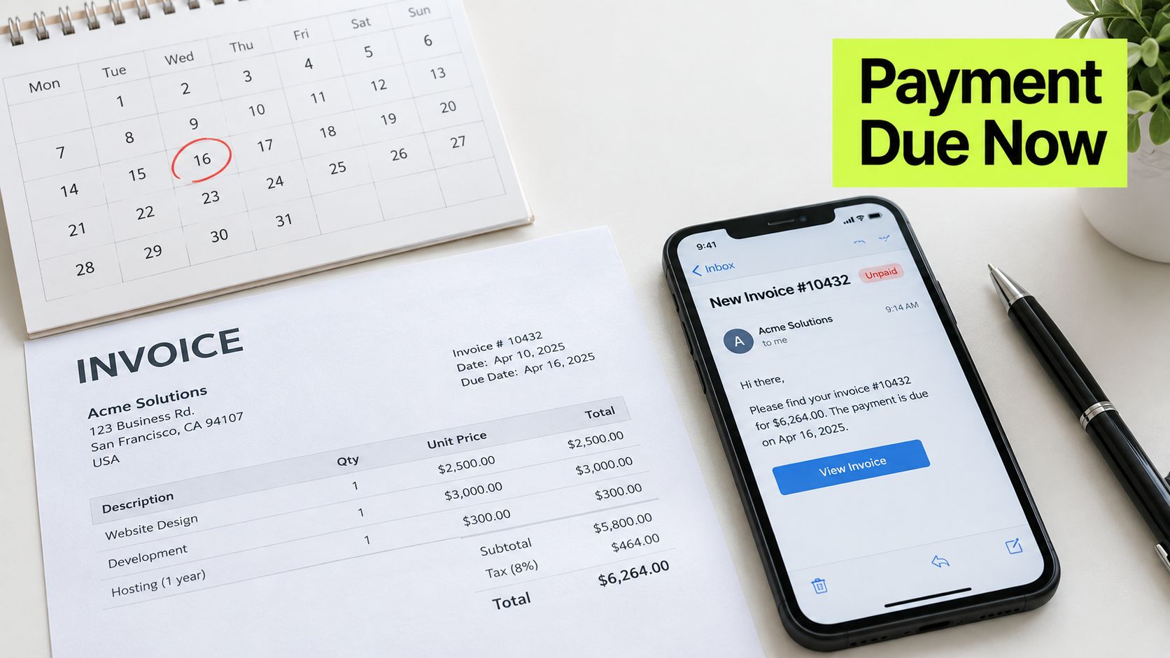 A printed invoice and a smartphone displaying an unpaid invoice notification, with a calendar showing a deadline.