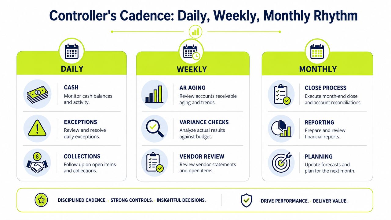 An infographic showing a controller's professional cadence with daily, weekly, and monthly financial tasks and responsibilities.