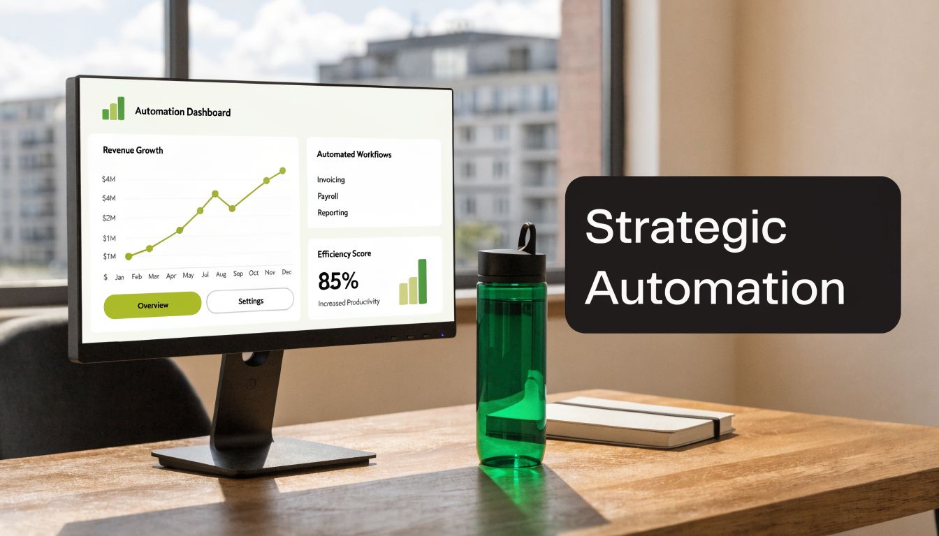 A computer monitor displaying an automation dashboard with revenue growth charts on a wooden desk.
