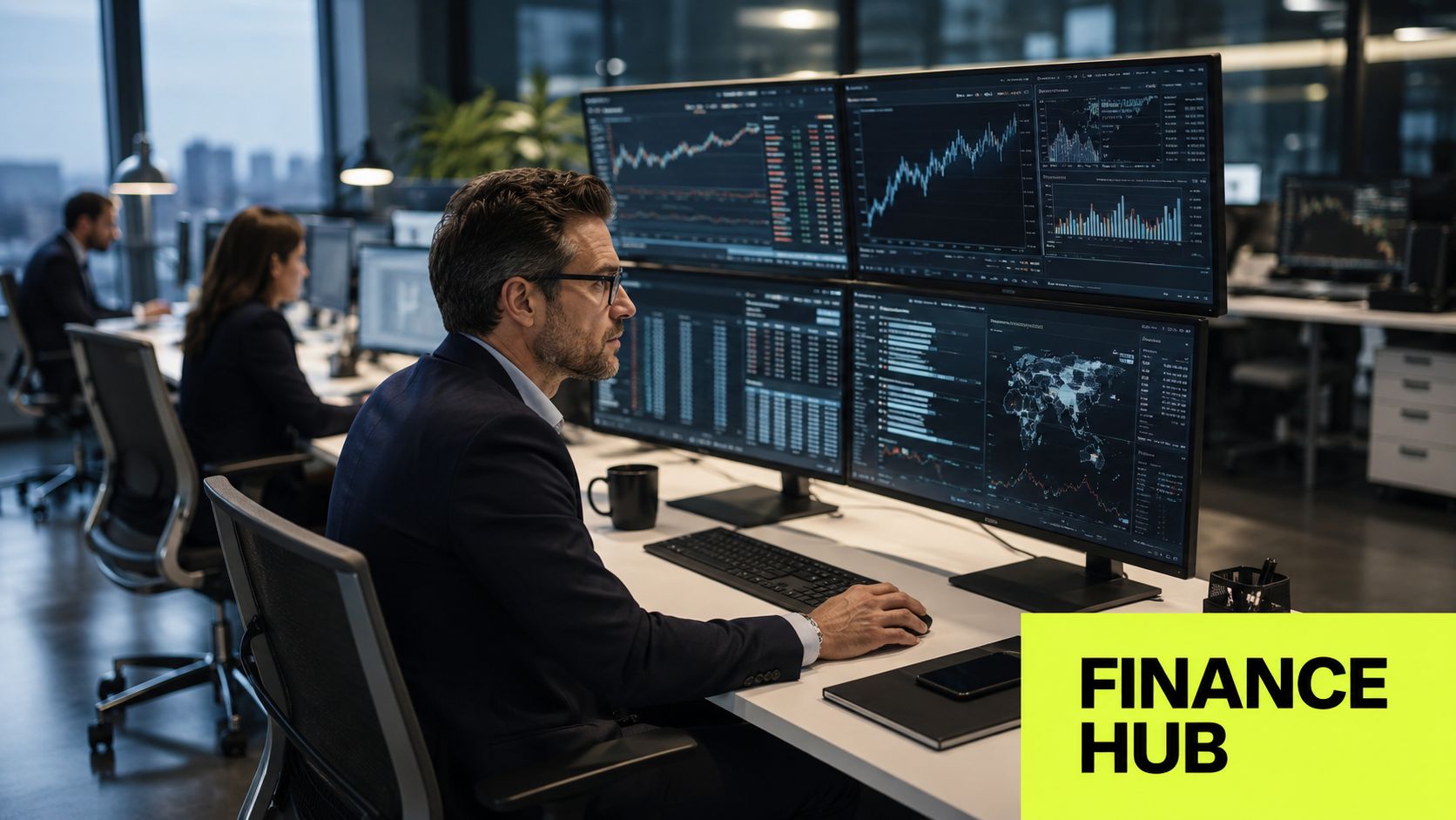 A professional financial trader working at a desk with multiple monitors displaying complex data and stock charts.
