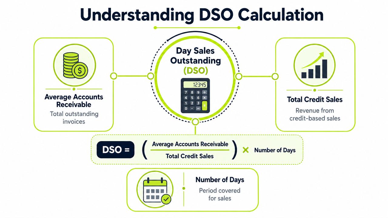 An infographic illustration explaining the formula to calculate Day Sales Outstanding using accounts receivable and credit sales.