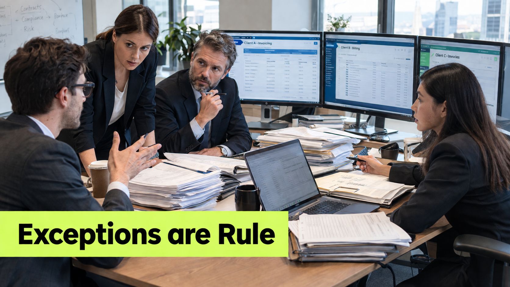 A team of four professionals collaborating on complex financial documentation in a modern office environment.