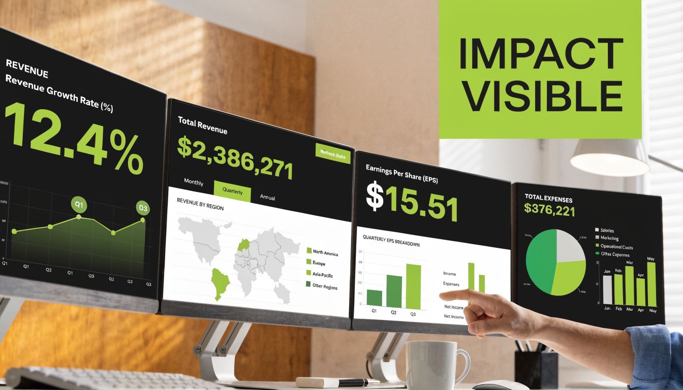 A professional analyzing financial data dashboards showing revenue, expenses, and earnings growth on multiple computer screens.