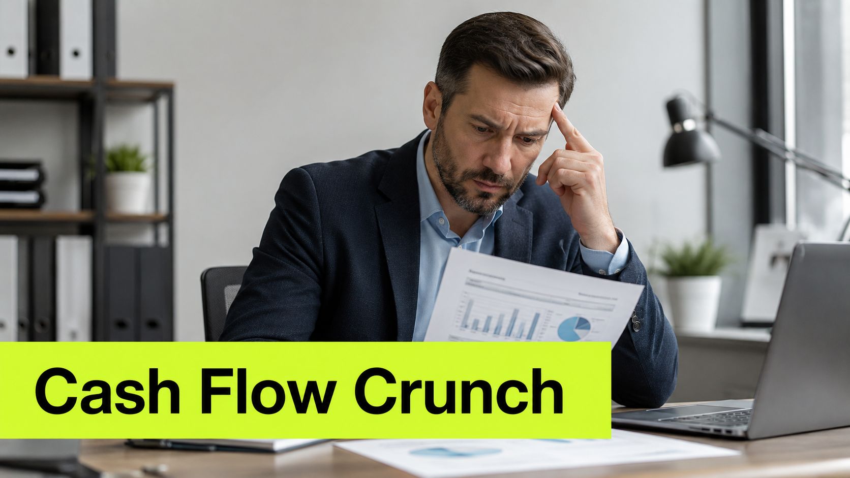A concerned businessman looking at financial charts while experiencing a stressful cash flow crunch at his desk.