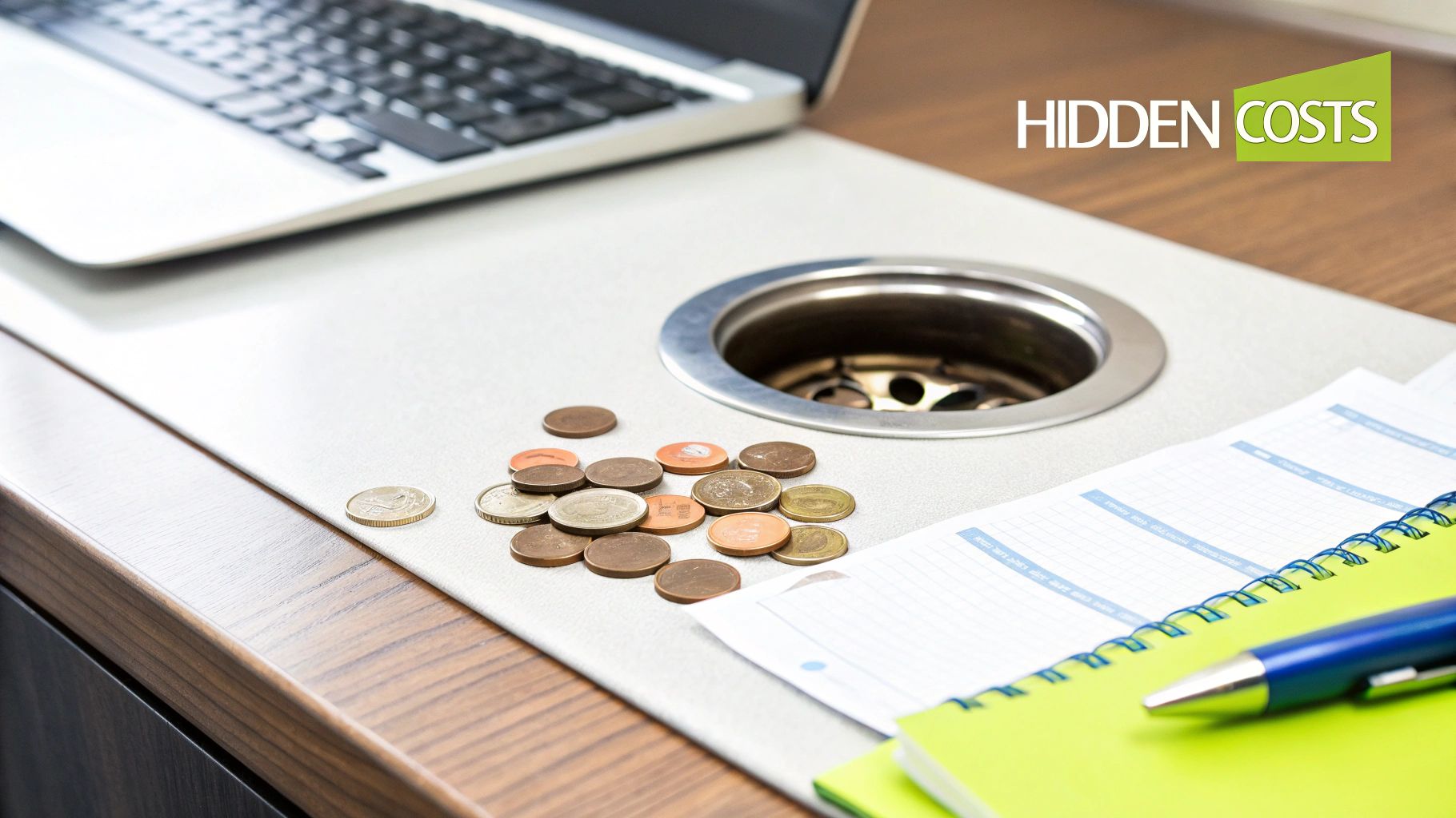 Coins scattered on a desk near a drain, symbolizing hidden costs and financial waste.