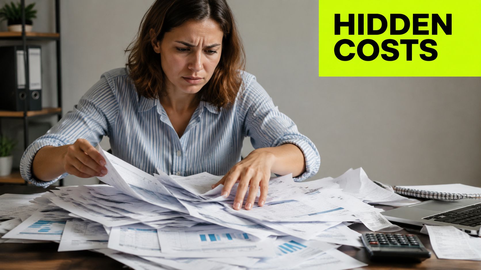 A concerned woman sitting at a desk overflowing with financial documents and invoices while analyzing them.