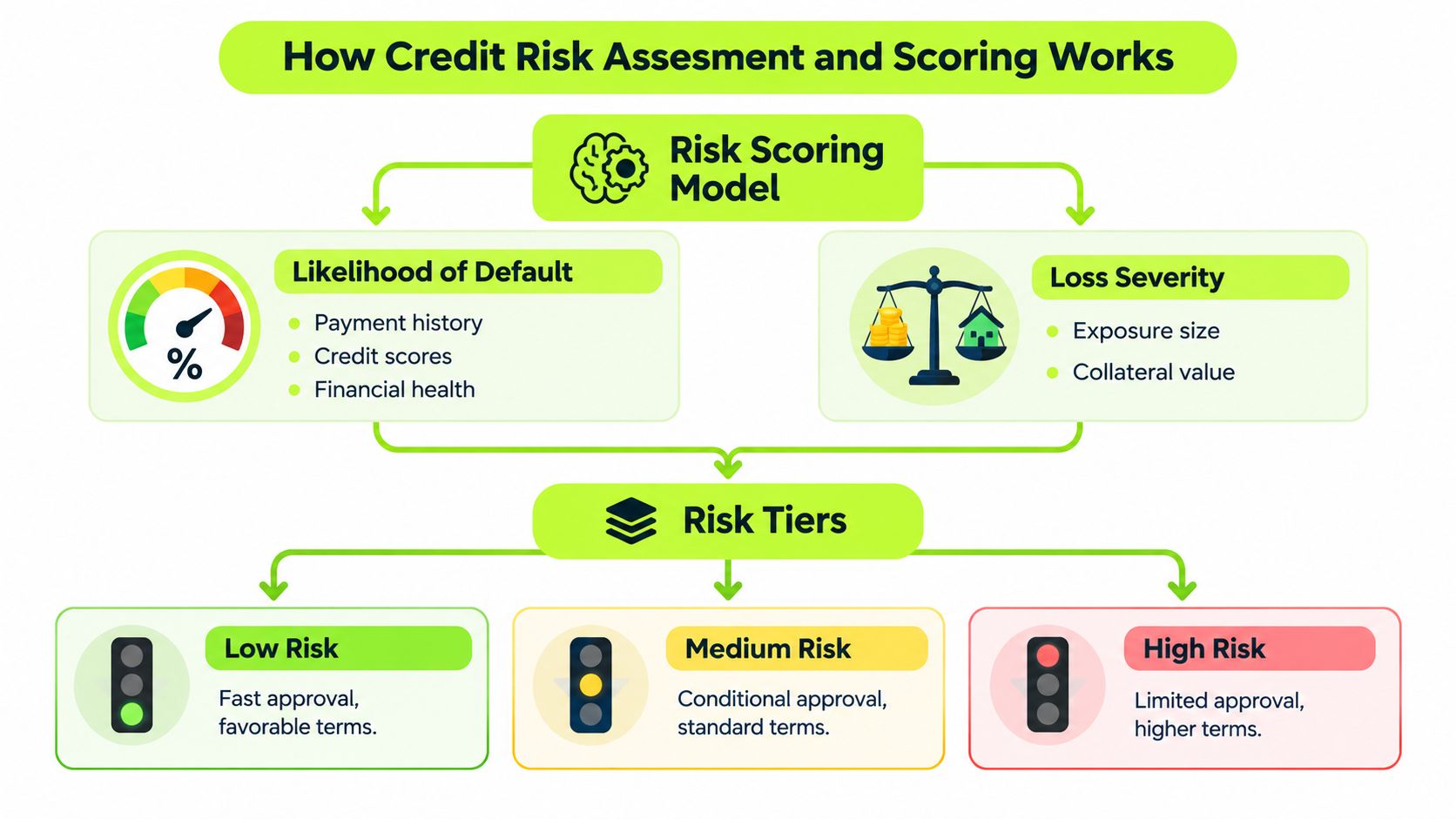 A flowchart explaining the credit risk assessment process using risk scoring models to determine loan risk tiers.