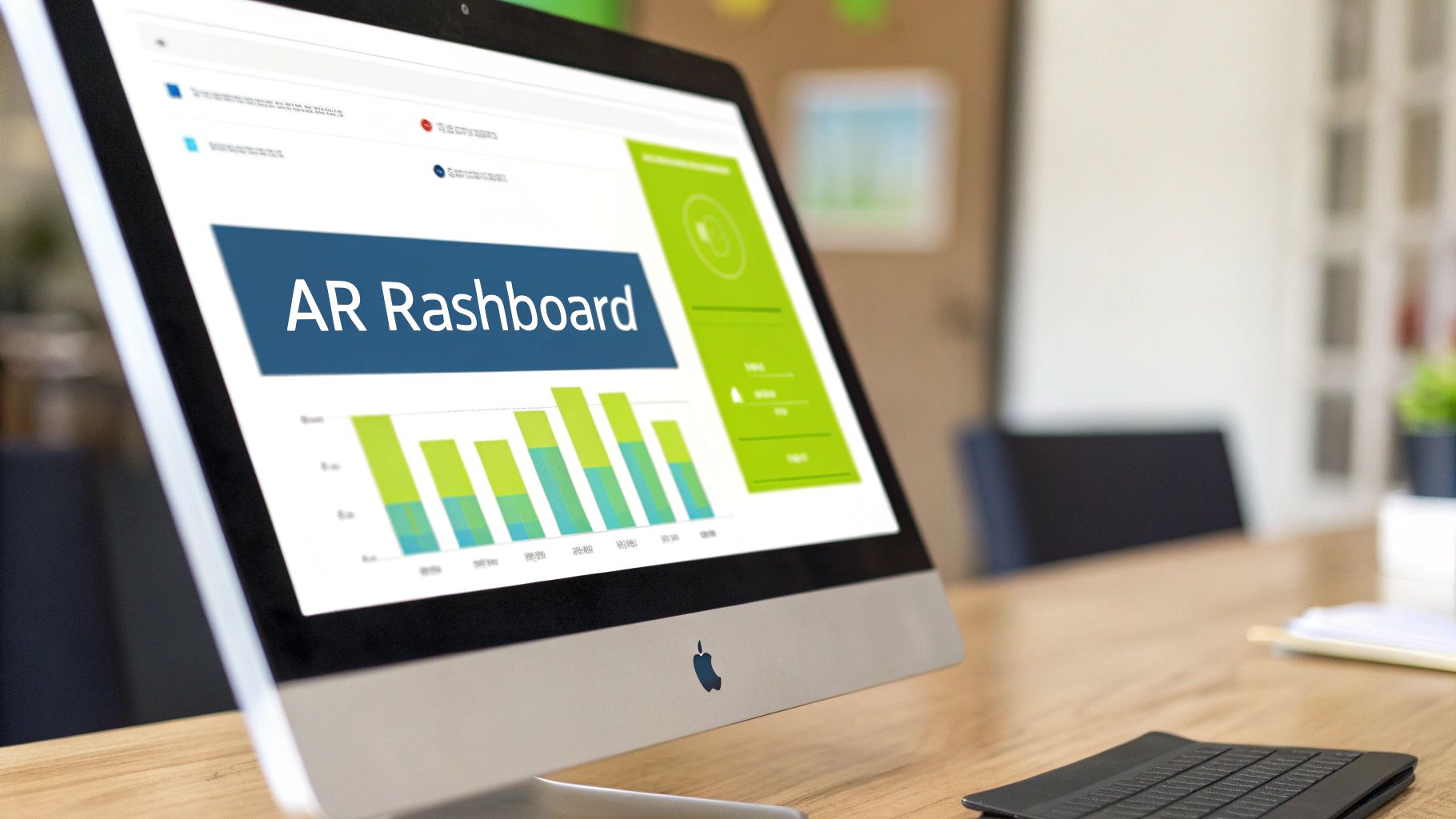Close-up of an Apple iMac displaying an AR Dashboard with graphs on a wooden desk.
