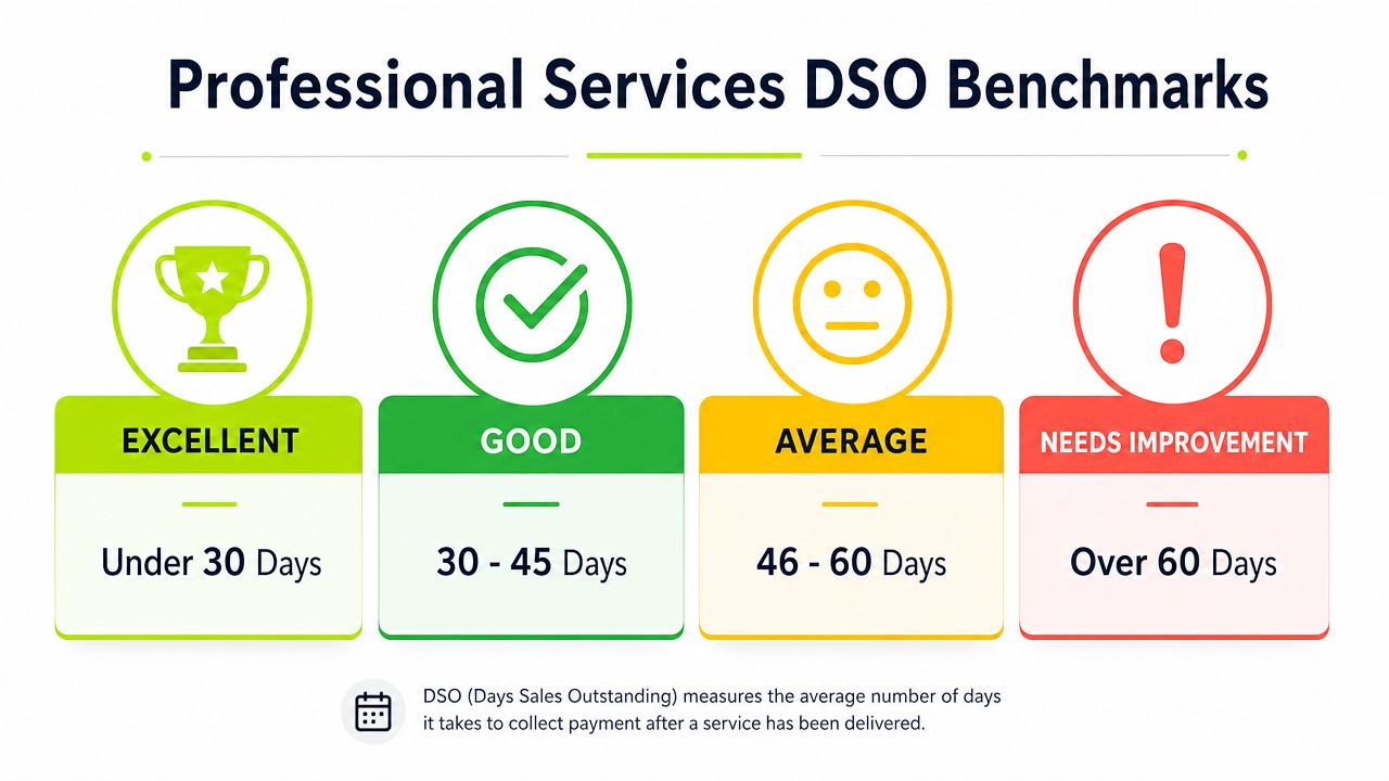 A professional services DSO benchmark infographic displaying the payment collection duration ranges from excellent to needs improvement.