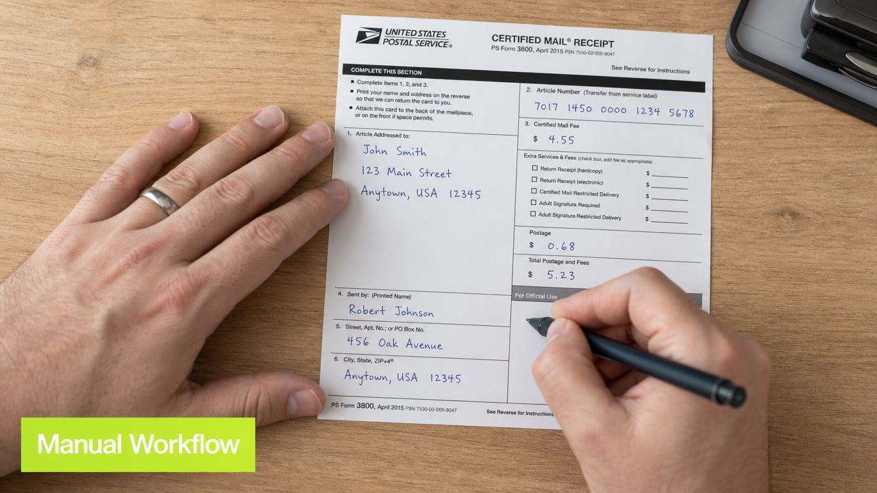 A person filling out a United States Postal Service Certified Mail receipt form at a wooden desk.