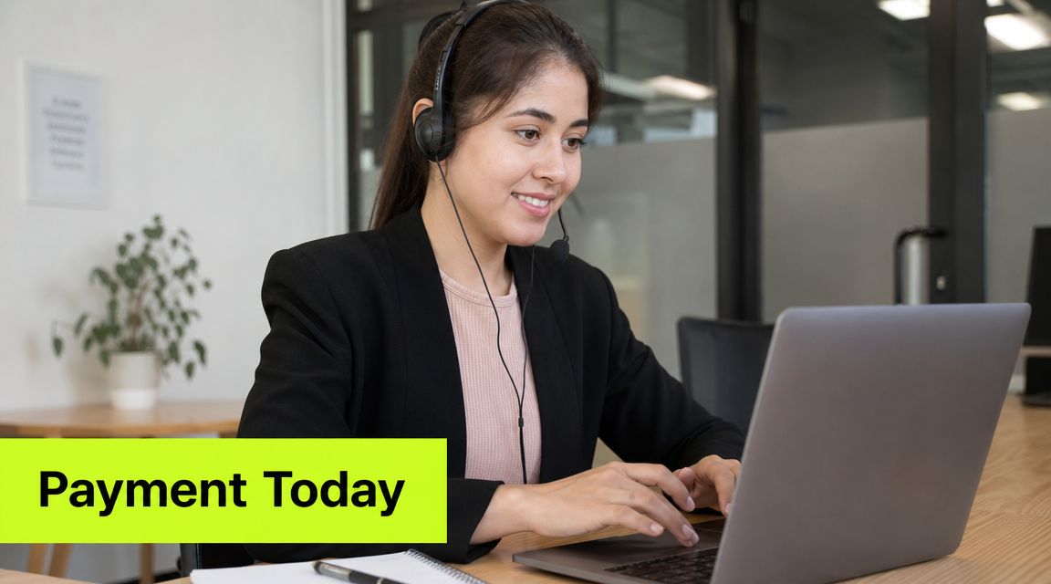 A professional customer service representative wearing a headset working on a laptop at her office desk.
