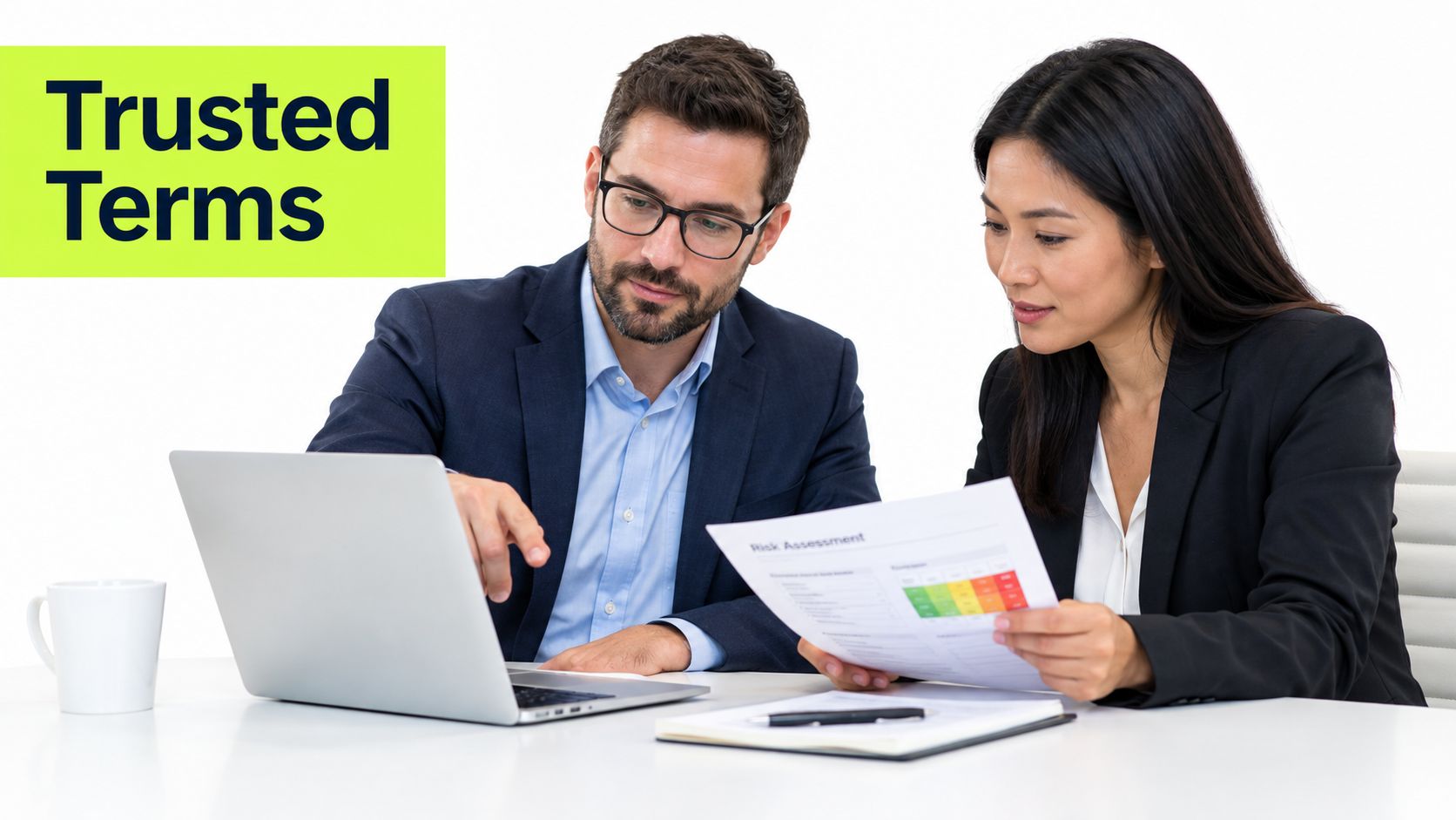 A professional man and woman discussing a risk assessment report while looking at a laptop computer.