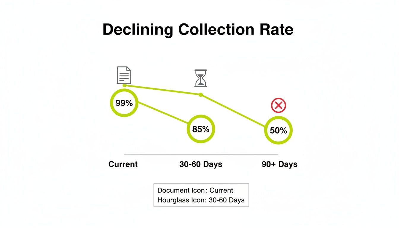 Graph illustrates a declining collection rate: 99% currently, dropping to 85% at 30-60 days, and further to 50% at 90+ days.