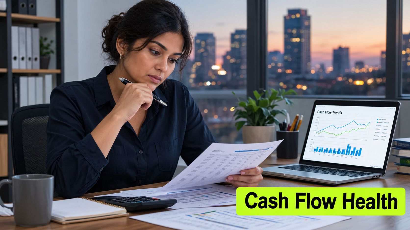 A professional businesswoman reviewing financial documents and cash flow charts at her desk in a modern office.