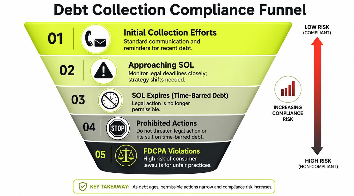 A funnel diagram illustrating the increasing compliance risk of debt collection as debt ages over time.