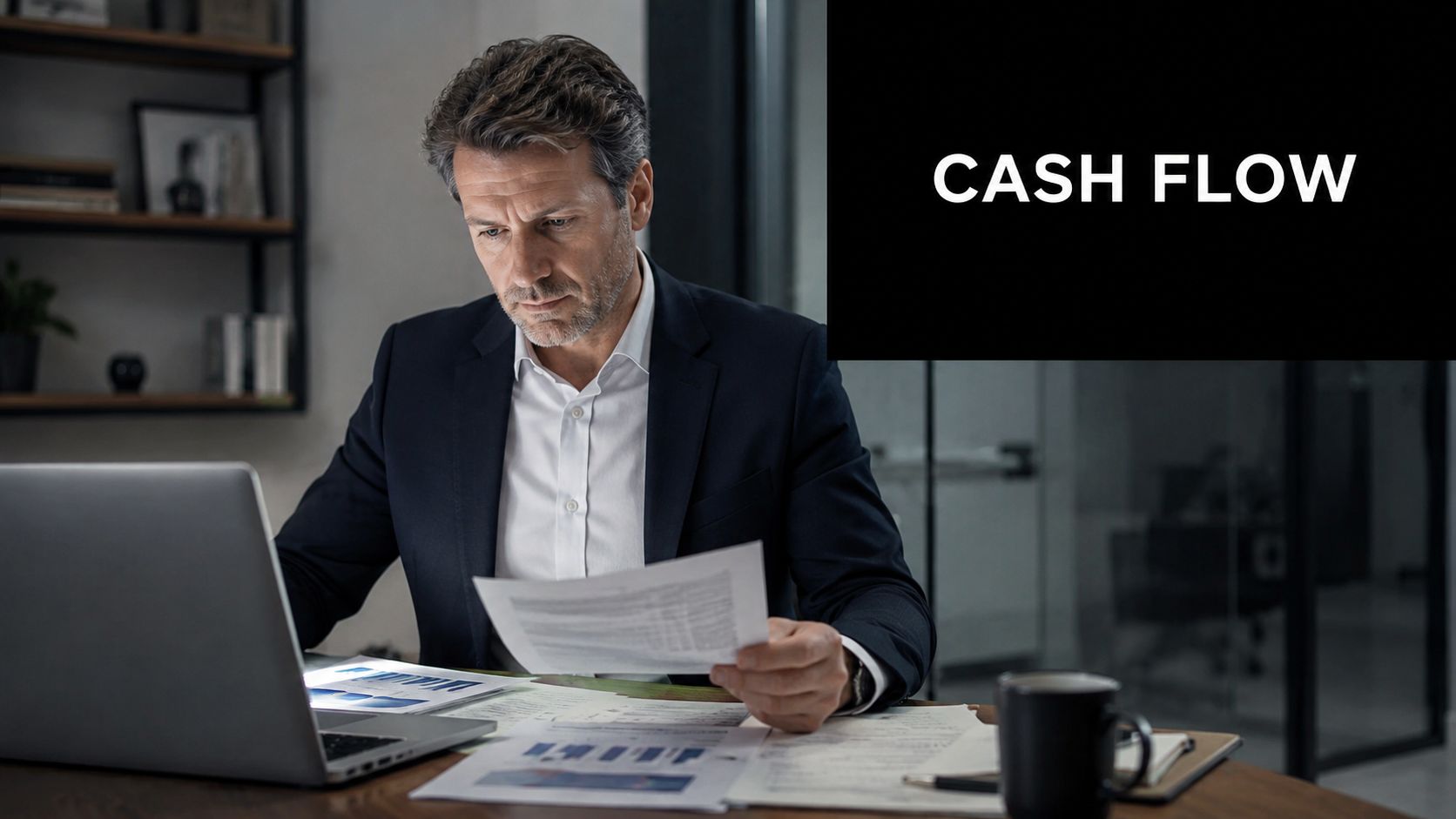 A professional businessman reviews financial documents and cash flow statements on his desk in an office.