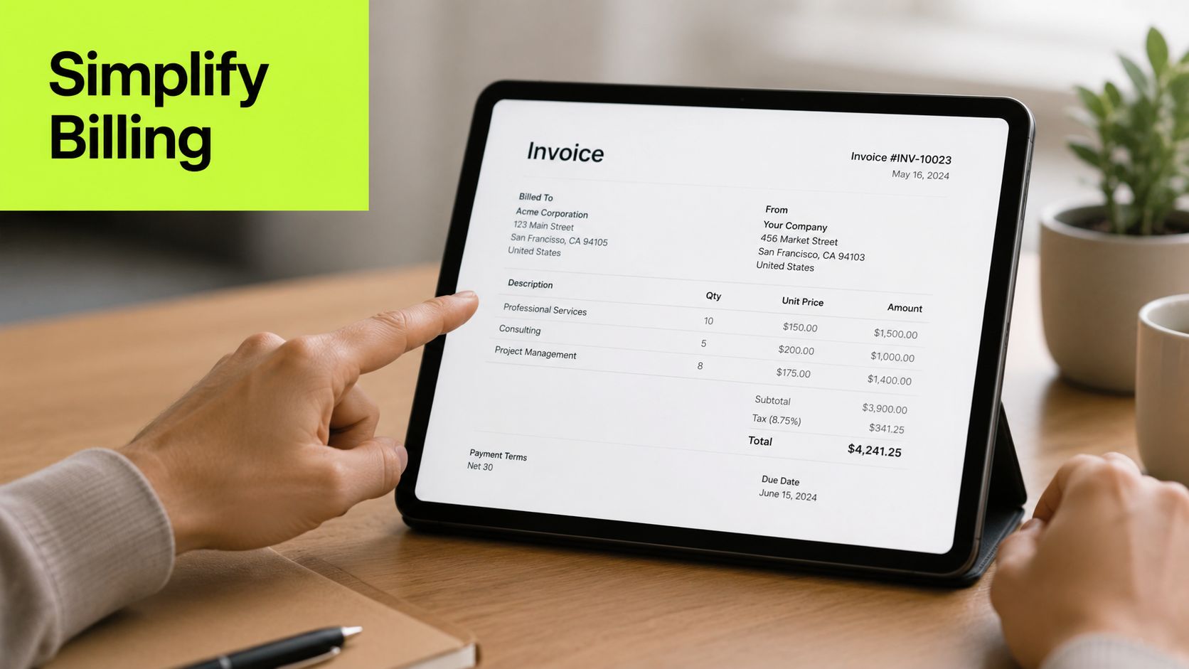 A person pointing at a digital invoice on a tablet screen, displaying professional services and billing details.