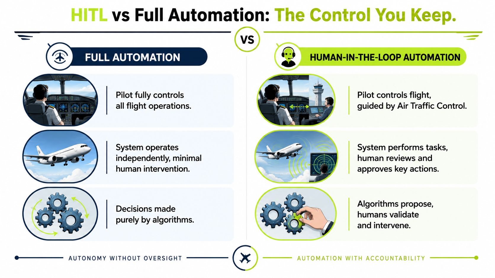 A comparison chart showing the differences between full automation and human-in-the-loop automation in flight operations.
