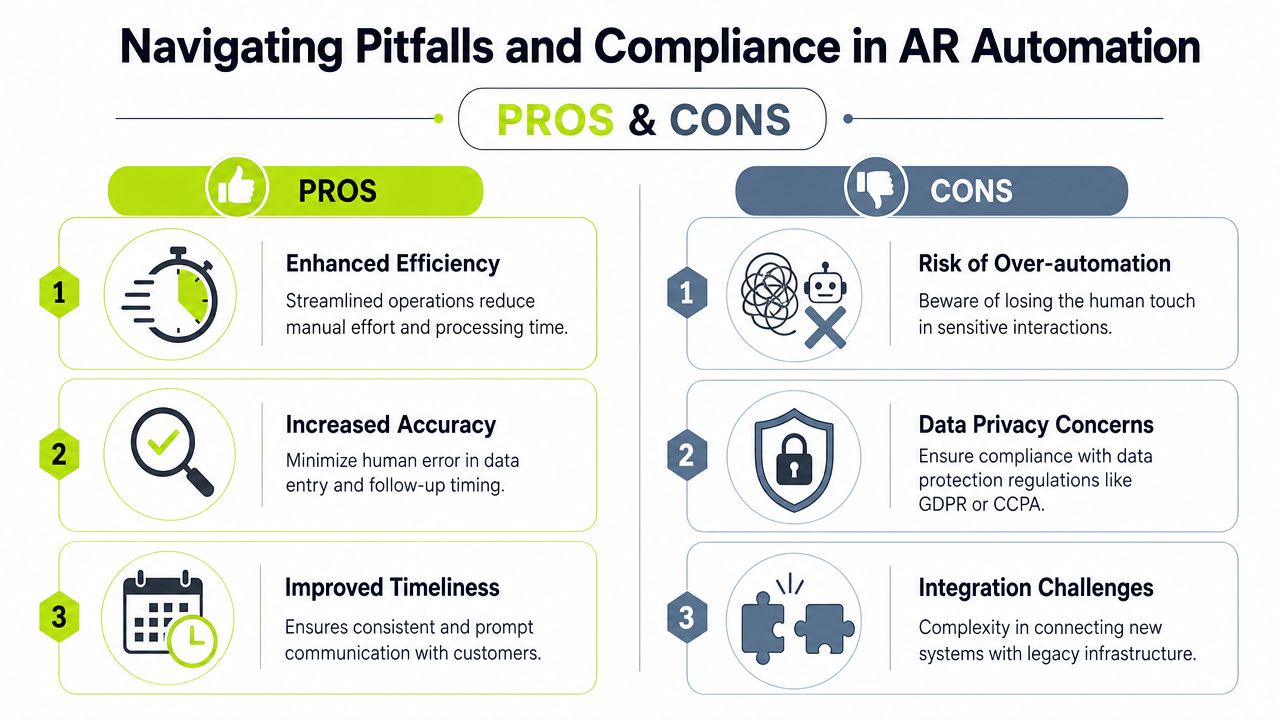 A comparison infographic showing the pros and cons of implementing AR automation in business processes.