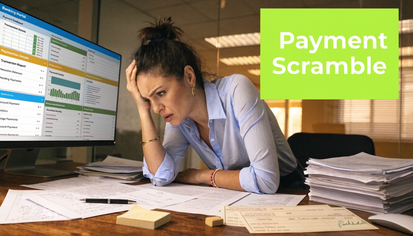 A stressed woman working at her desk with a computer monitor and piles of financial documents.