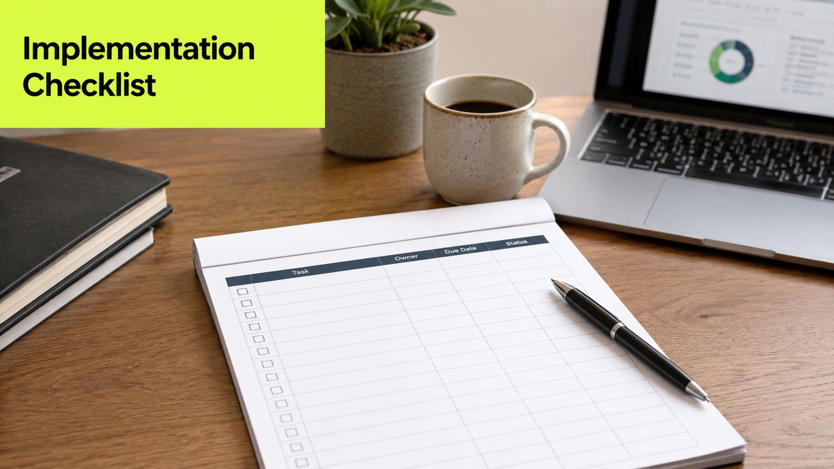 A blank implementation checklist document resting on a wooden office desk next to a laptop and pen.