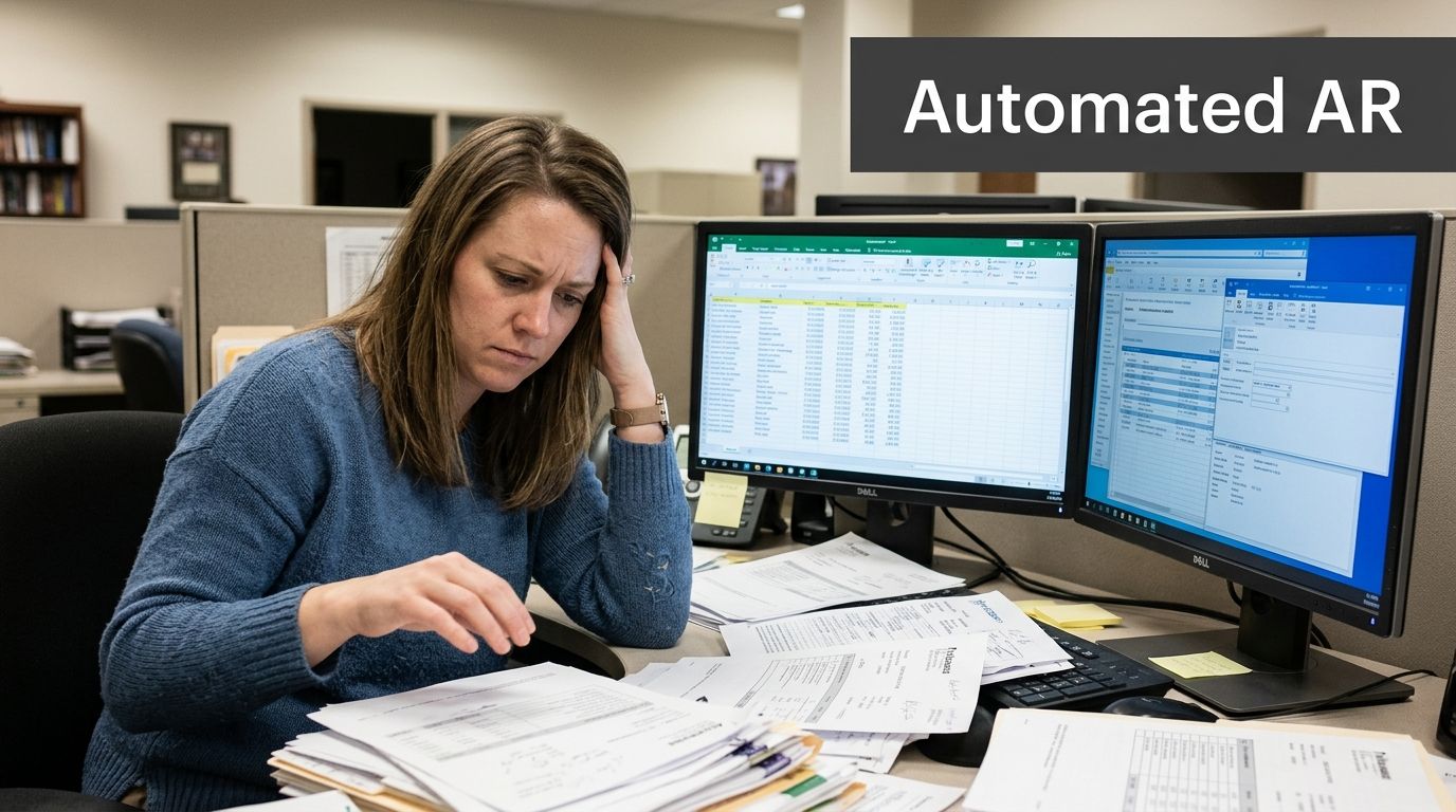 A stressed woman sitting at an office desk looking at piles of financial paperwork and computer screens.