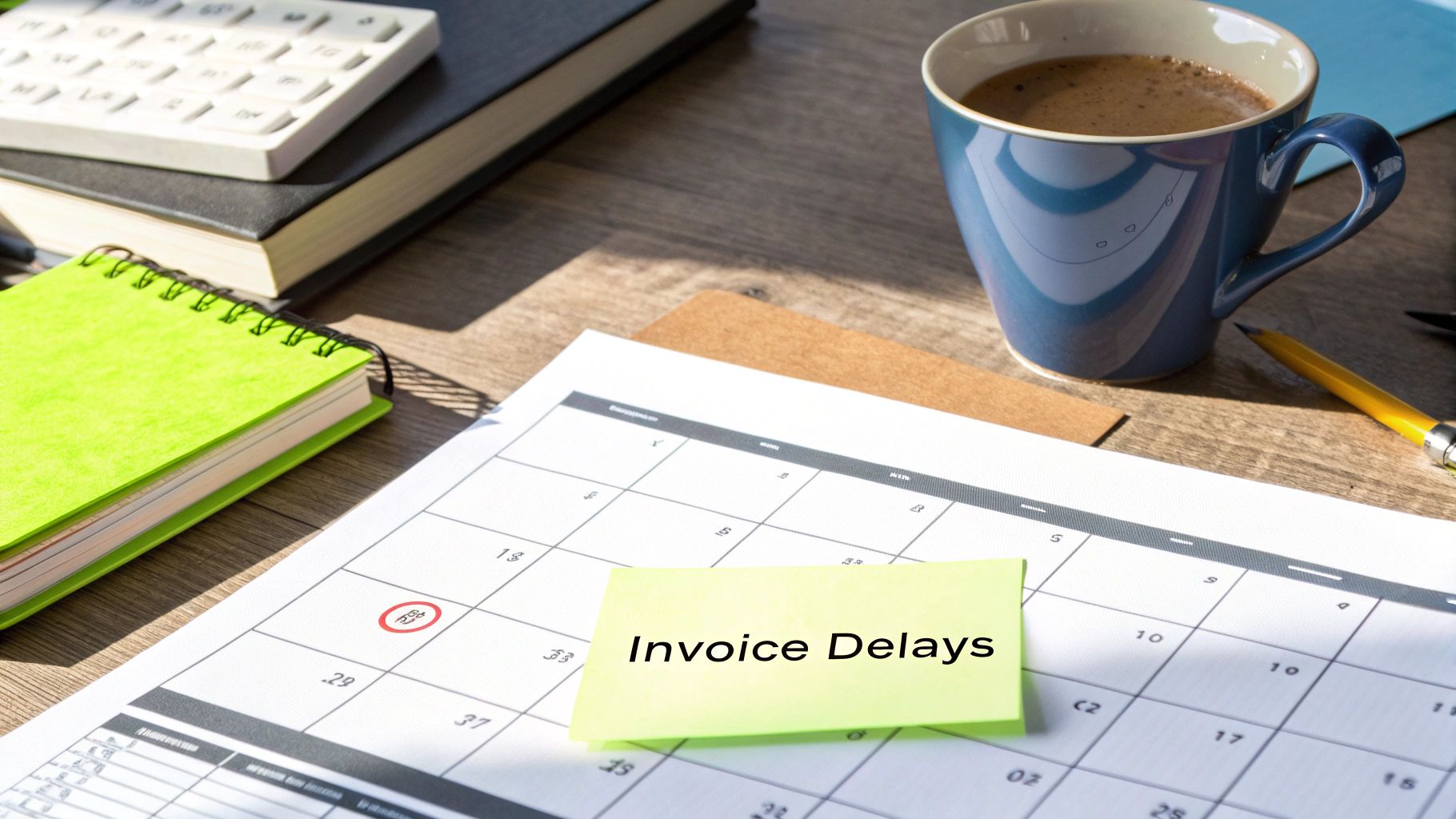A desk with a calendar, coffee, calculator, and a sticky note reading 'Invoice Delays'.