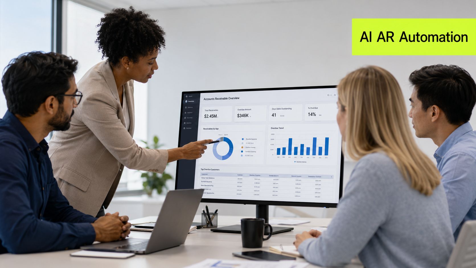 A professional team reviews financial data on a monitor during a collaborative business strategy meeting.