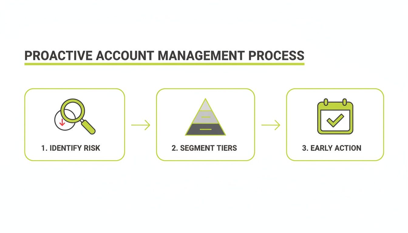 Diagram illustrating the proactive account management process with three steps: identify risk, segment tiers, and early action.