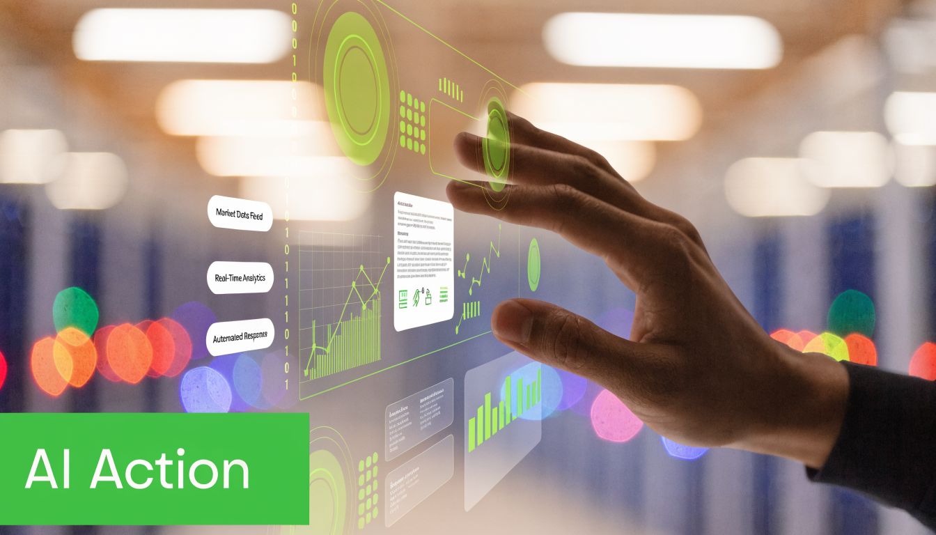 A professional hand interacting with a digital holographic interface showcasing AI-driven financial data and risk analytics.