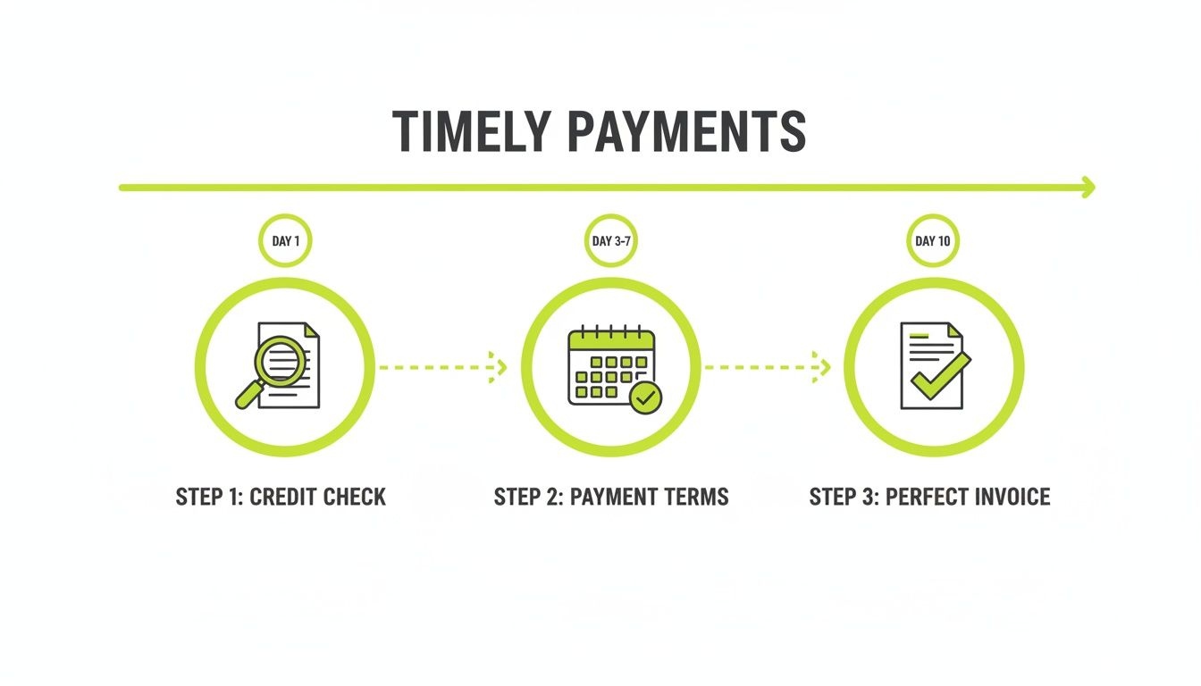 Infographic showing three steps for timely payments: credit check, payment terms, and perfect invoice over 10 days.
